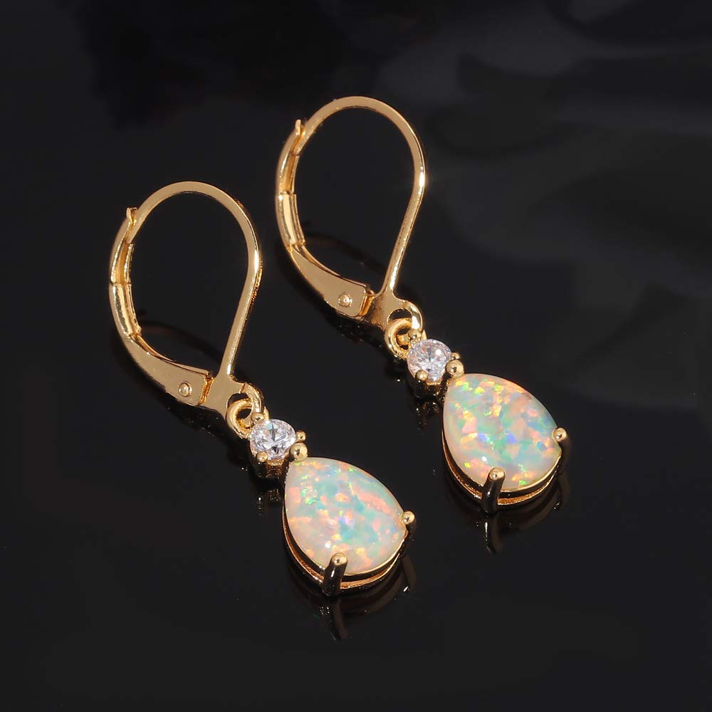 CiNily Small Gold Dangle Earrings Opal Leverback Drop Earrings for Women 14K Yellow Gold Plated Teardrop Gemstone Earrings