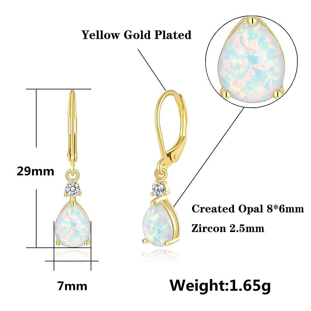 CiNily Small Gold Dangle Earrings Opal Leverback Drop Earrings for Women 14K Yellow Gold Plated Teardrop Gemstone Earrings