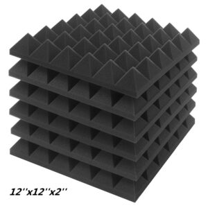 JBER Acoustic Sound Foam Panels, 6 Pack 2" X 12" X 12" Charcoal Soundproofing Treatment Studio Wall Padding Sound Absorbing Fireproof Pyramid Black Wall Panel…