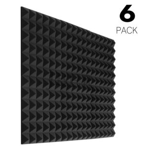 JBER Acoustic Sound Foam Panels, 6 Pack 2" X 12" X 12" Charcoal Soundproofing Treatment Studio Wall Padding Sound Absorbing Fireproof Pyramid Black Wall Panel…