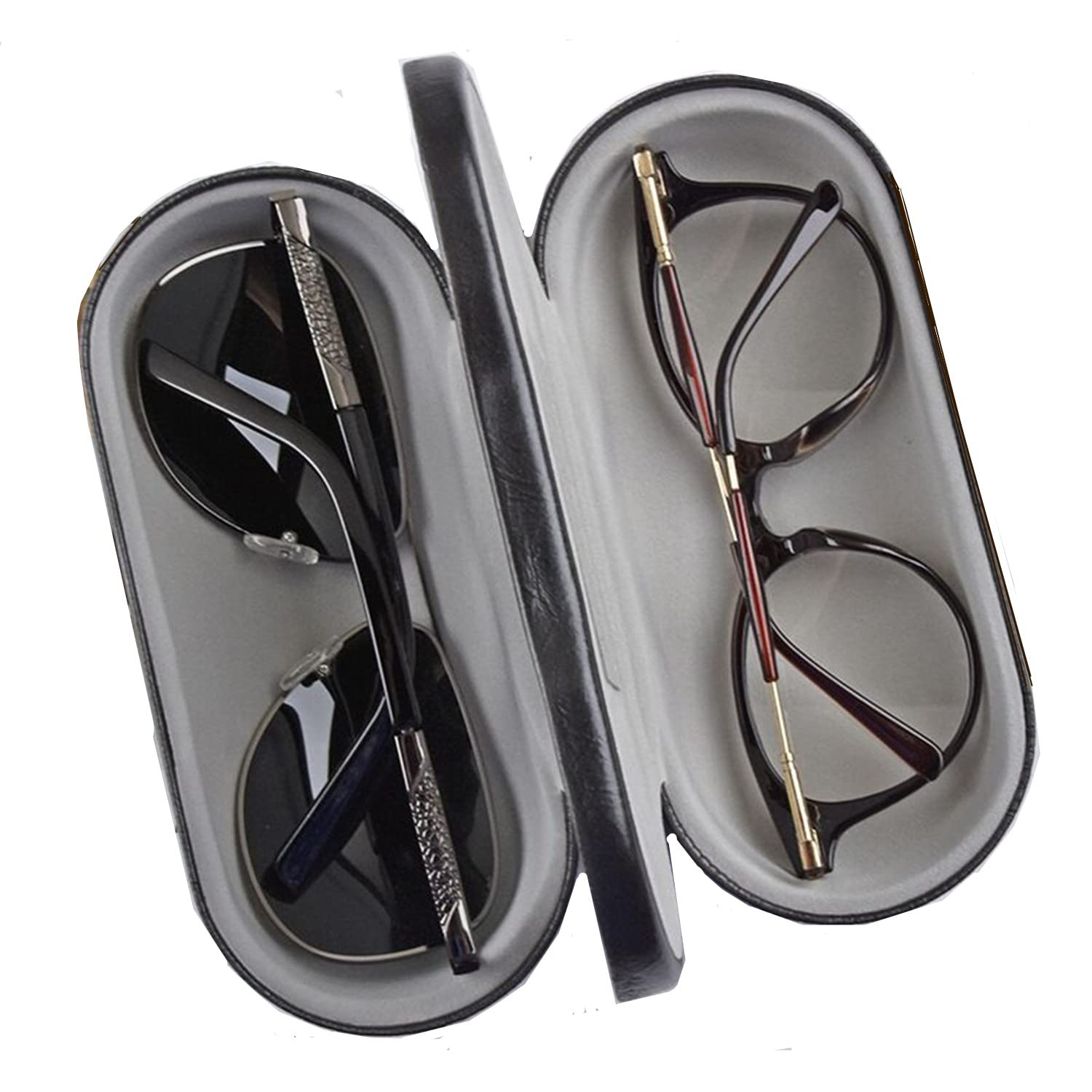 Dual Glasses Case for Two Frames - Classic Clamshell 2 Eyeglasses Case - Built-in Mirror (Black)