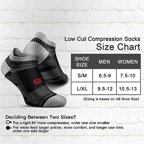 Compression Running Socks (6 Pairs) for Men and Women, Low Cut No Show Running Ankle CompressionSocks with Arch Support for Plantar Fasciitis, Cyling, Athletic, Flight, Travel, Nurses. Black S/M