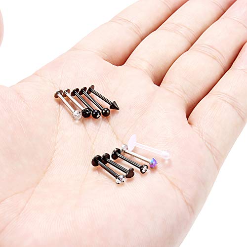 Ftovosyo 10pcs 16g 316L Stainless Steel Lip Ring 3mm Cubic Zirconia Labret Studs Monroe Cartilage Tragus Helix Earring Piercing Jewelry 10mm Bar Length for Women Men Black 10mm