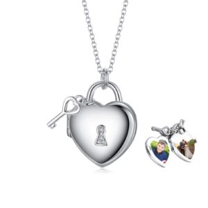 Personalized Sterling Silver Heart Locket Necklace That Holds Pictures Lock And Key Pendant for Women Mom (Lock & Key Necklace + Photos)