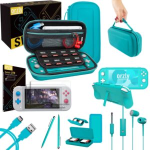 orzly switch lite accessories bundle - case & screen protector for nintendo switch lite console, usb cable, games holder, grip case, headphones, thumb-grip pack & more (gift pack - turquoise blue)