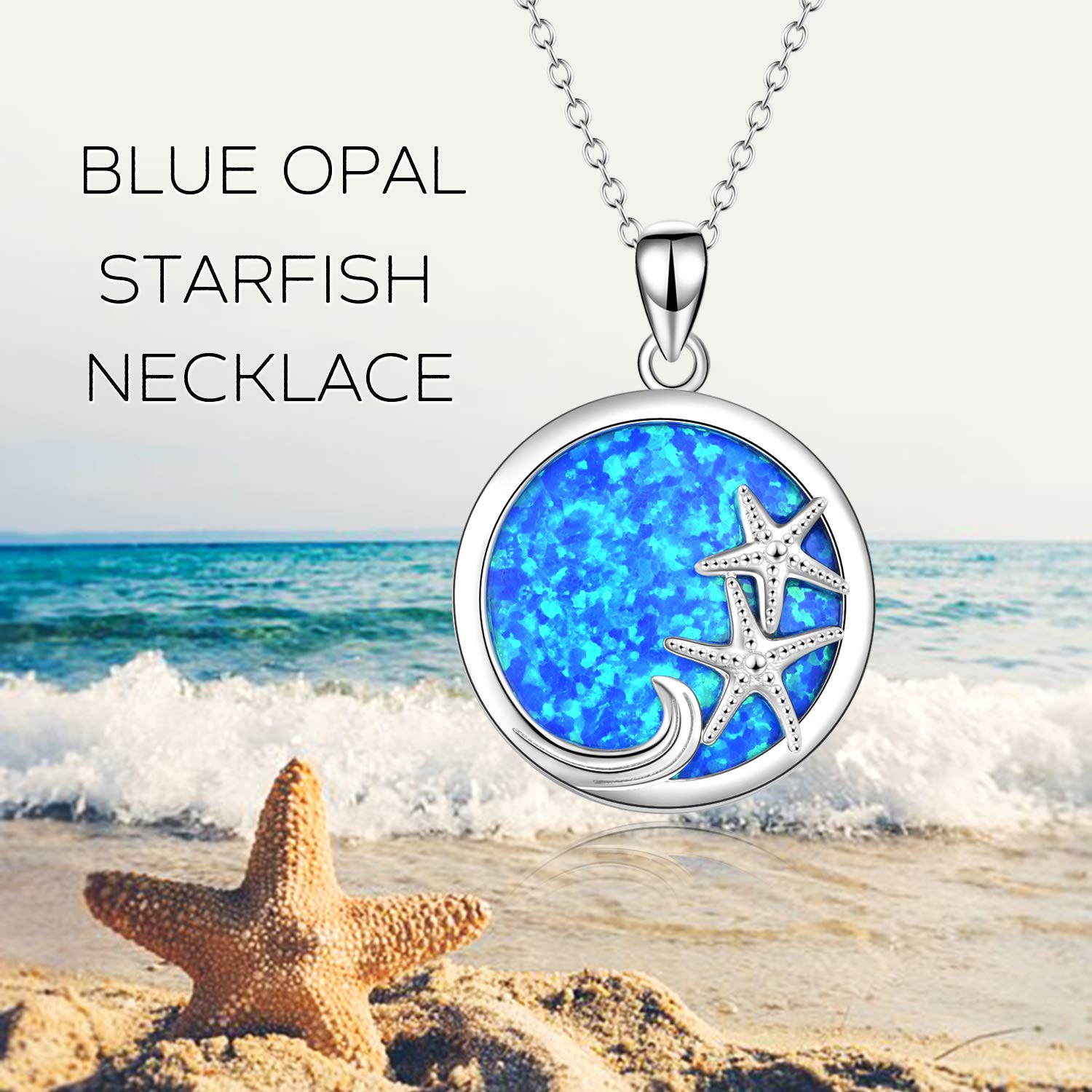 YFN Starfish Necklace Sterling Silver Ocean Jewelry Starfish Wave Necklace Blue Opal Pendant for Women Jewelry Gifts