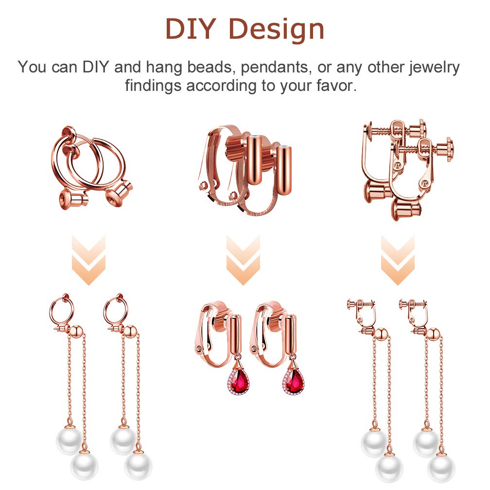 18 Pack Ear Cuff Converters, Maveek Fashion Earring Clip Backs with Post 3 Styles, Clip-on Earring Adapter Components for Non-Pierced Ears, 3 Color Gold & Silver & Rose, DIY Turn Studs into Clip on