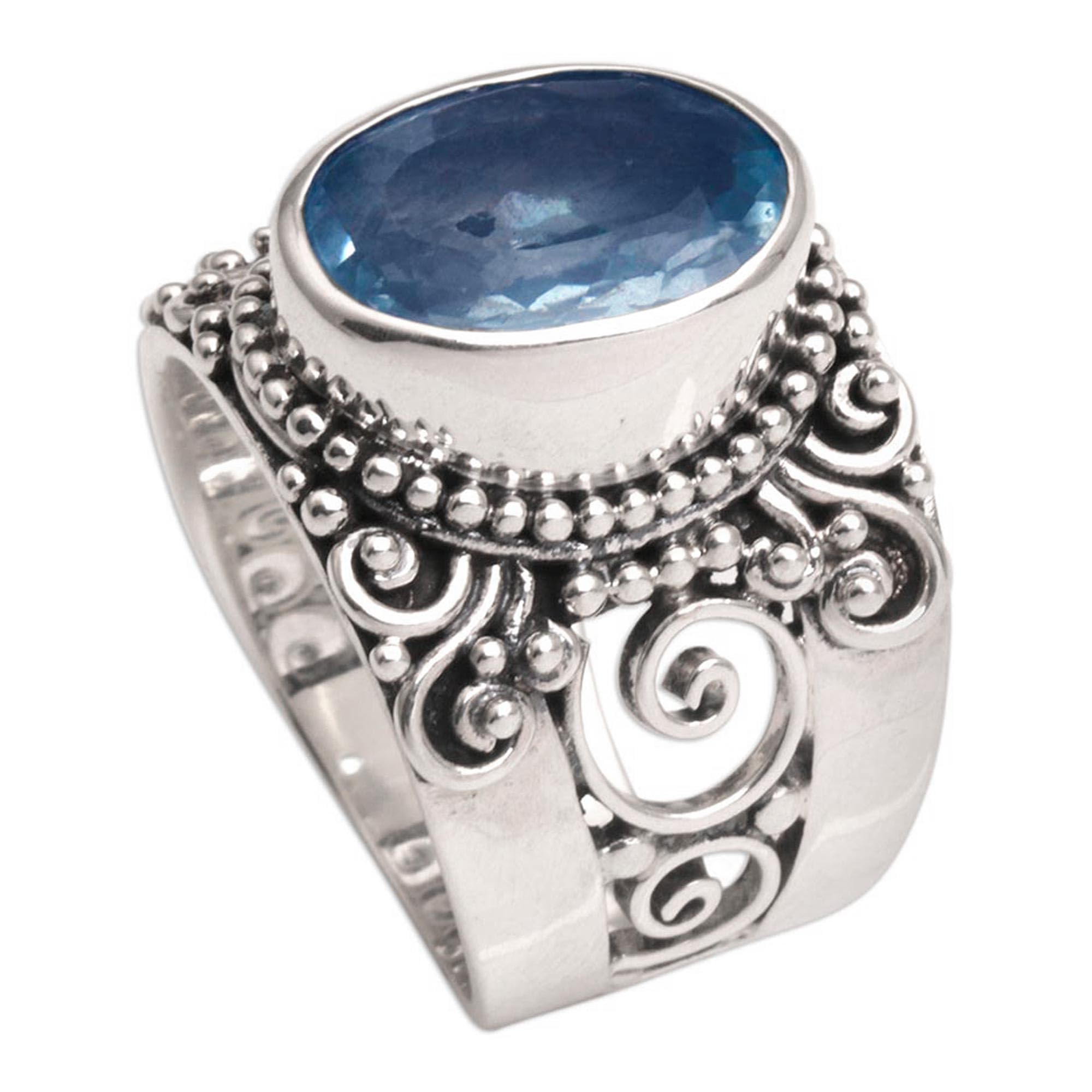 NOVICA Artisan Handmade Blue Topaz Single Stone Ring Sterling Silver from Bali Cocktail Indonesia Gemstone Birthstone [crownbezel 0.7 in H x 0.6 in W x 0.3 in D Band Width 8 mm W] ' Glorious Vines'