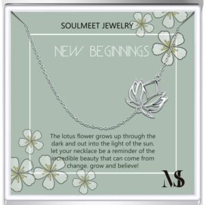 soulmeet sterling silver sideways lotus necklace for mom daughter with inspirational quote on gift card, dainty inspirational gifts for women