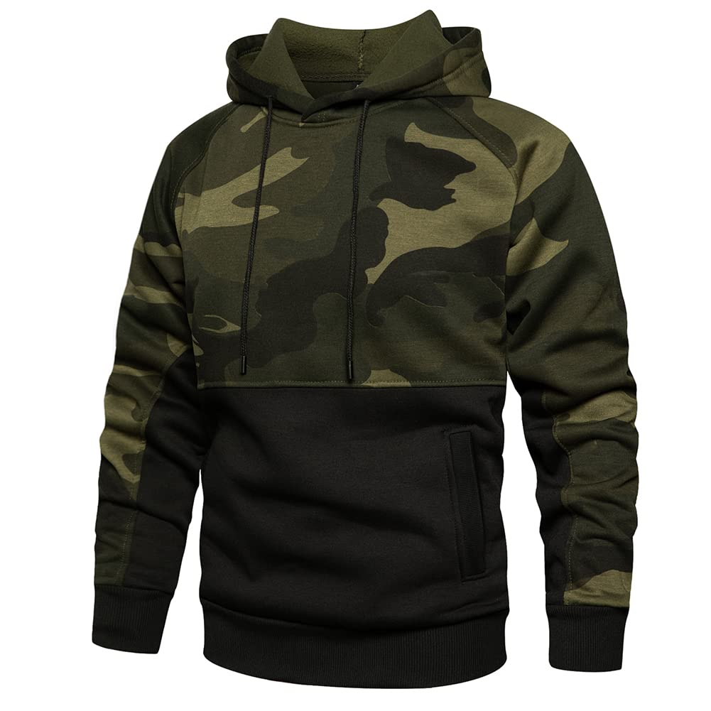 DUOFIER Men's Workout Contrast Raglan Sleeve Shirt Hooded Sweatshirt, Camo Black-S