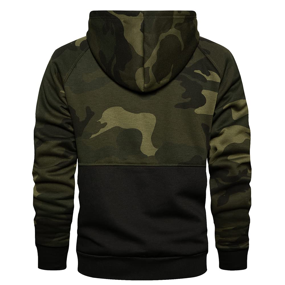 DUOFIER Men's Workout Contrast Raglan Sleeve Shirt Hooded Sweatshirt, Camo Black-S