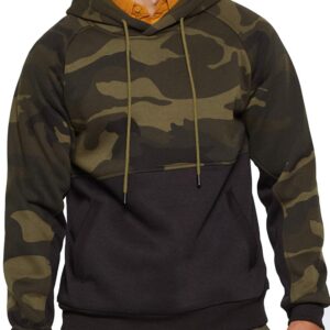 DUOFIER Men's Workout Contrast Raglan Sleeve Shirt Hooded Sweatshirt, Camo Black-S