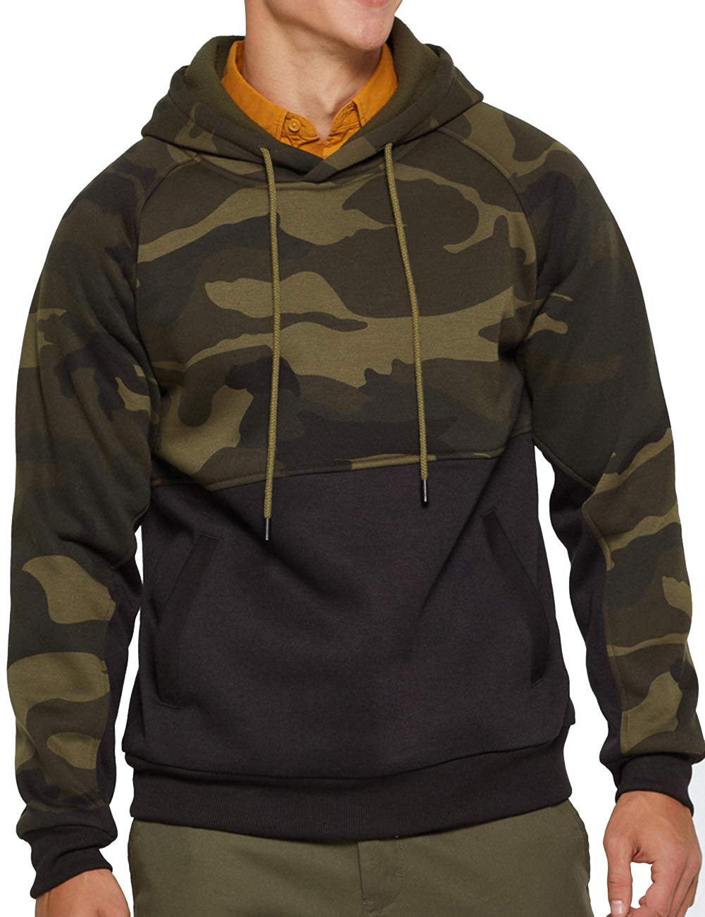 DUOFIER Men's Workout Contrast Raglan Sleeve Shirt Hooded Sweatshirt, Camo Black-S