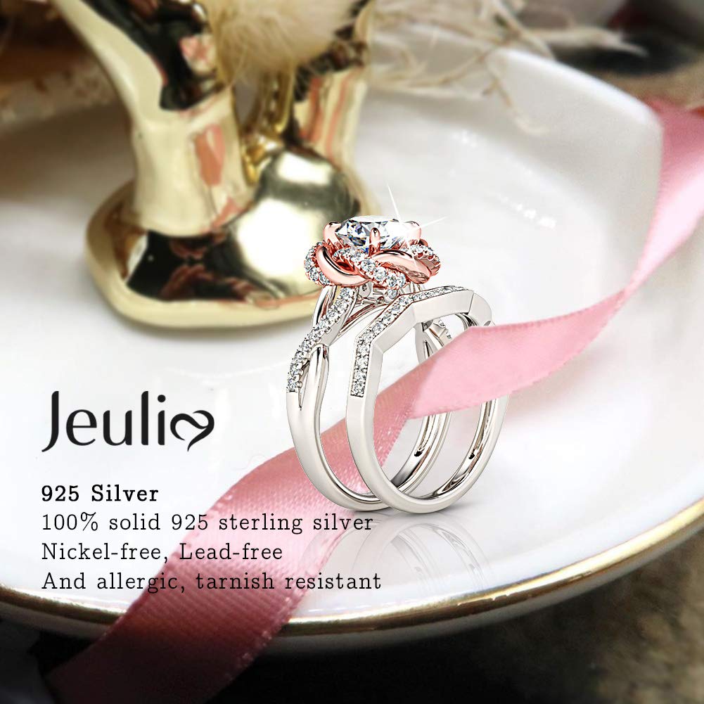 Jeulia Halo Solitaire Engagement Rings for Women Sterling Silver Floral Flower Rings Rose Gold Plated Diamond Ring Round Cut Bridal Ring Set Anniversary Promise Rings for Her