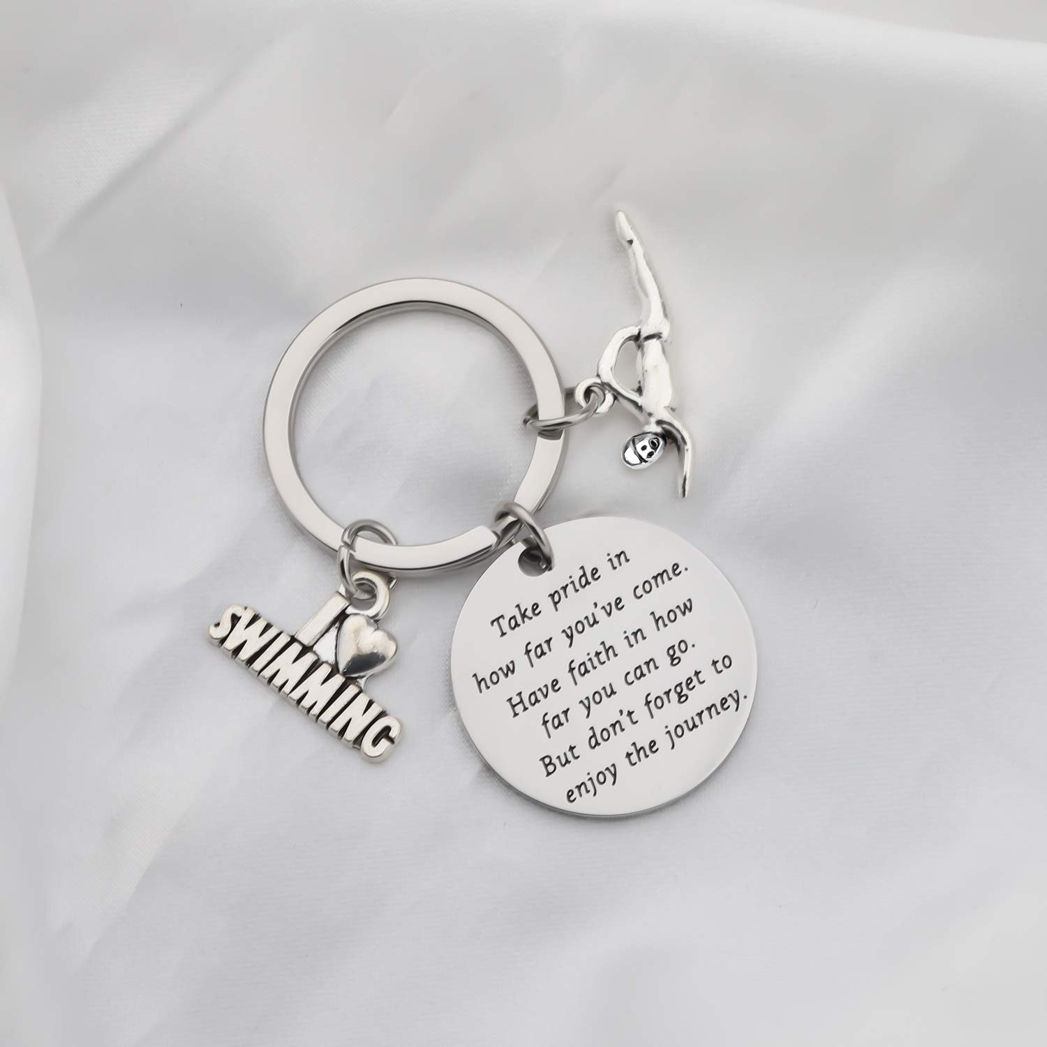 Swim Keychain I Love Swimming Lover Gift Take Pride in How Far You Have Come Swim Team Inspirational Gift Swimming Jewelry for Swimmers (silver)