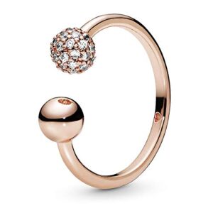 pandora polished & pavé bead open ring - rose gold ring for women - gift for her - 14k rose gold-plated rose with cubic zirconia - size 7