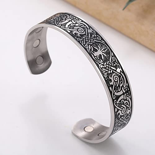 cooltime Ancient Nordic Tree of Life Odin's Raven Magnetic Bracelet Cuff (silver black)