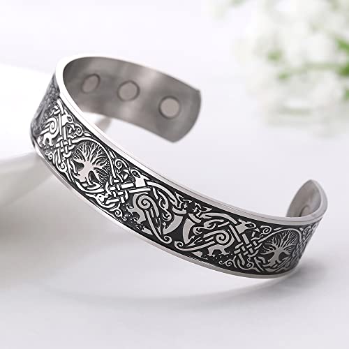 cooltime Ancient Nordic Tree of Life Odin's Raven Magnetic Bracelet Cuff (silver black)