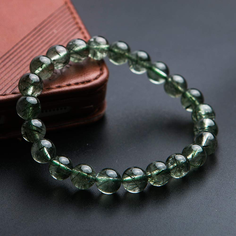 Natural Green Rutilated Quartz Gemstone Rare Round Beads Women Bracelet 8mm AAAA