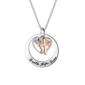 AOBOCO Two-Tone Sterling Silver and Rose Gold-Faith Hope Love Cross Charm Pendant Necklace with Austrian Crystal