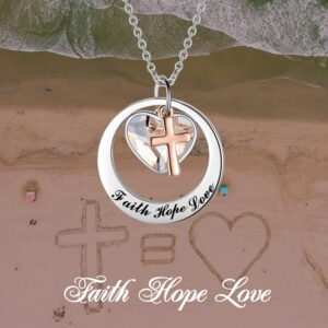 AOBOCO Two-Tone Sterling Silver and Rose Gold-Faith Hope Love Cross Charm Pendant Necklace with Austrian Crystal