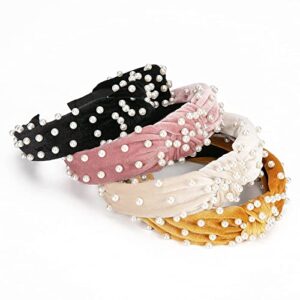 Allucho Pearl Headbands for Women, Beaded Headband Non Slip Wide Top Knot Head Bands, Black White Pink Gold Headband with Pearls Hair Accessories for Women and Girls Daily Festival Gifts