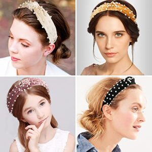 Allucho Pearl Headbands for Women, Beaded Headband Non Slip Wide Top Knot Head Bands, Black White Pink Gold Headband with Pearls Hair Accessories for Women and Girls Daily Festival Gifts