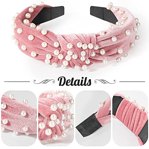 Allucho Pearl Headbands for Women, Beaded Headband Non Slip Wide Top Knot Head Bands, Black White Pink Gold Headband with Pearls Hair Accessories for Women and Girls Daily Festival Gifts