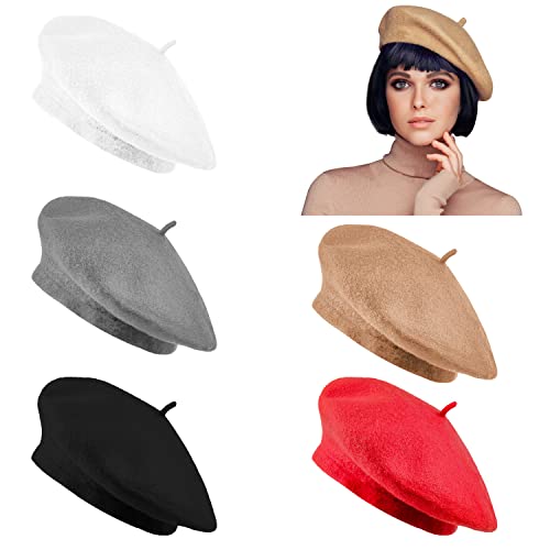 Jolbndcv 5 PCS Beret Hat French Beanie Hat Outdoor Hat Winter Hat Fashion Lady Hat（White, Gray, Black, Red, Khaki）