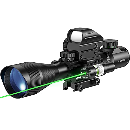 MidTen Riflescope Combo 4-12x50EG Dual Illuminated Optics & IIIA/2MW Laser Sight & 4 Holographic Reticle Red/Green Dot Sight & 20mm Scope Mount