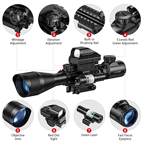 MidTen Riflescope Combo 4-12x50EG Dual Illuminated Optics & IIIA/2MW Laser Sight & 4 Holographic Reticle Red/Green Dot Sight & 20mm Scope Mount