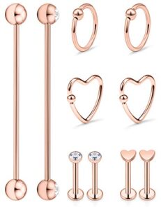 hoeudjo 10pcs 16g 14g surgical steel industrial barbell cartilage earrings hoop helix tragus stud labret lip medusa monroe rings piercing jewelry for women men rose gold