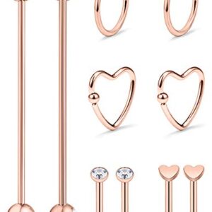 Hoeudjo 10pcs 16G 14G Surgical Steel Industrial Barbell Cartilage Earrings Hoop Helix Tragus Stud Labret Lip Medusa Monroe Rings Piercing Jewelry for Women Men Rose Gold