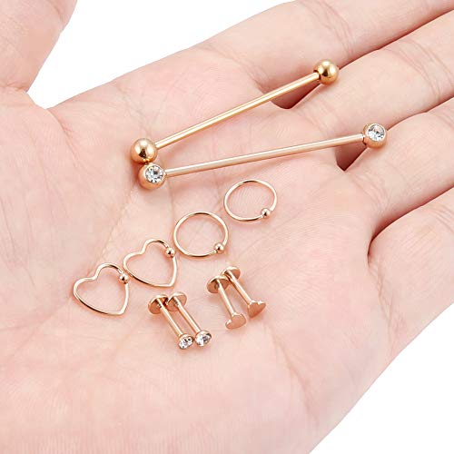 Hoeudjo 10pcs 16G 14G Surgical Steel Industrial Barbell Cartilage Earrings Hoop Helix Tragus Stud Labret Lip Medusa Monroe Rings Piercing Jewelry for Women Men Rose Gold