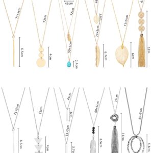 Hicarer 12 Pieces Long Pendant Necklace Set Y Tassel Leaf Circle Bar Necklace for Women (Classic Style)