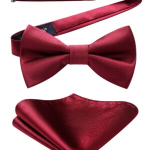 HISDERN Bow Ties for Men Burgundy Pre-Tie Bow Tie and Pocket Square Set Adjustable Solid Color Bow Tie Classic Men's Tuxedo Bowtie for Wedding Party