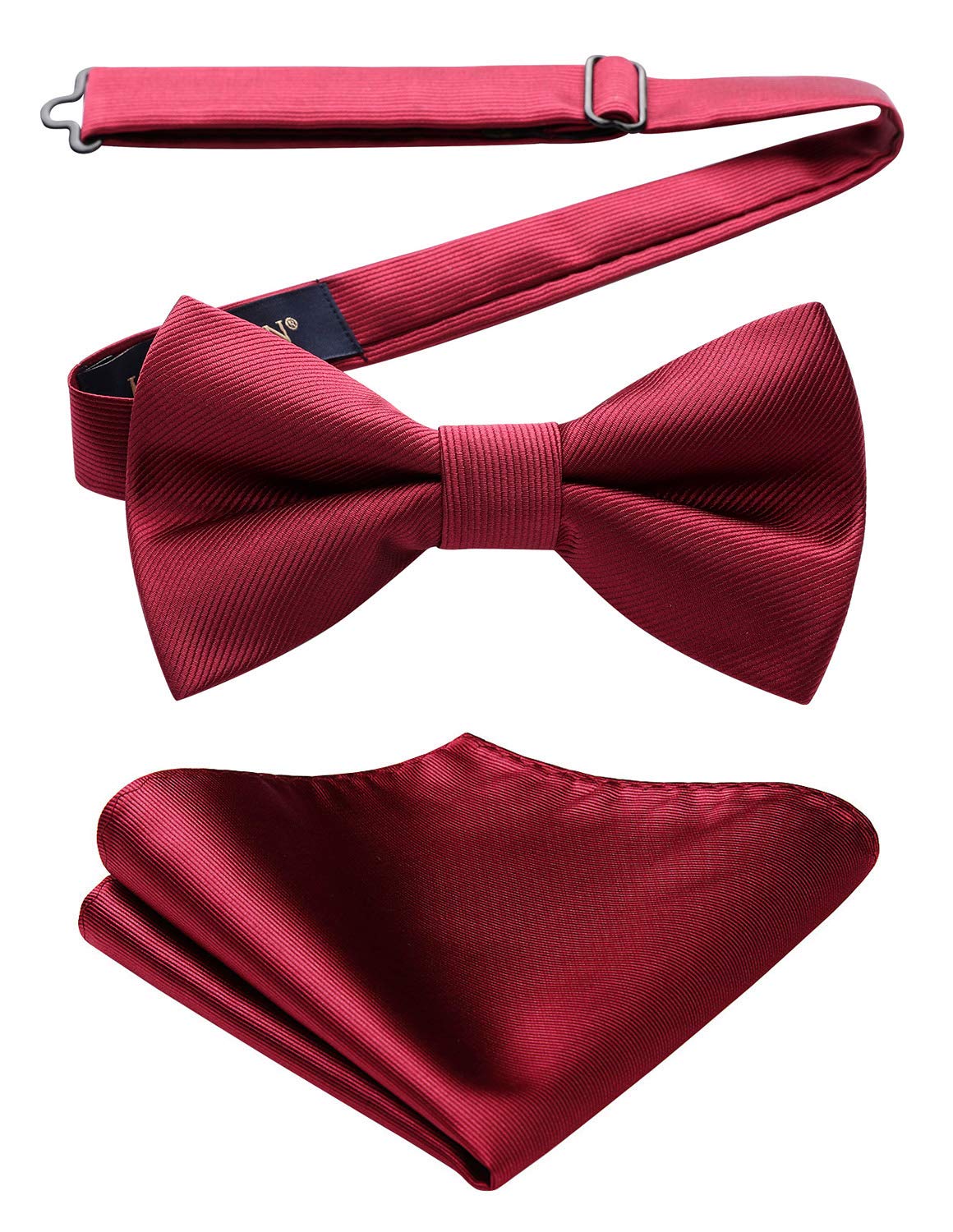 HISDERN Bow Ties for Men Burgundy Pre-Tie Bow Tie and Pocket Square Set Adjustable Solid Color Bow Tie Classic Men's Tuxedo Bowtie for Wedding Party