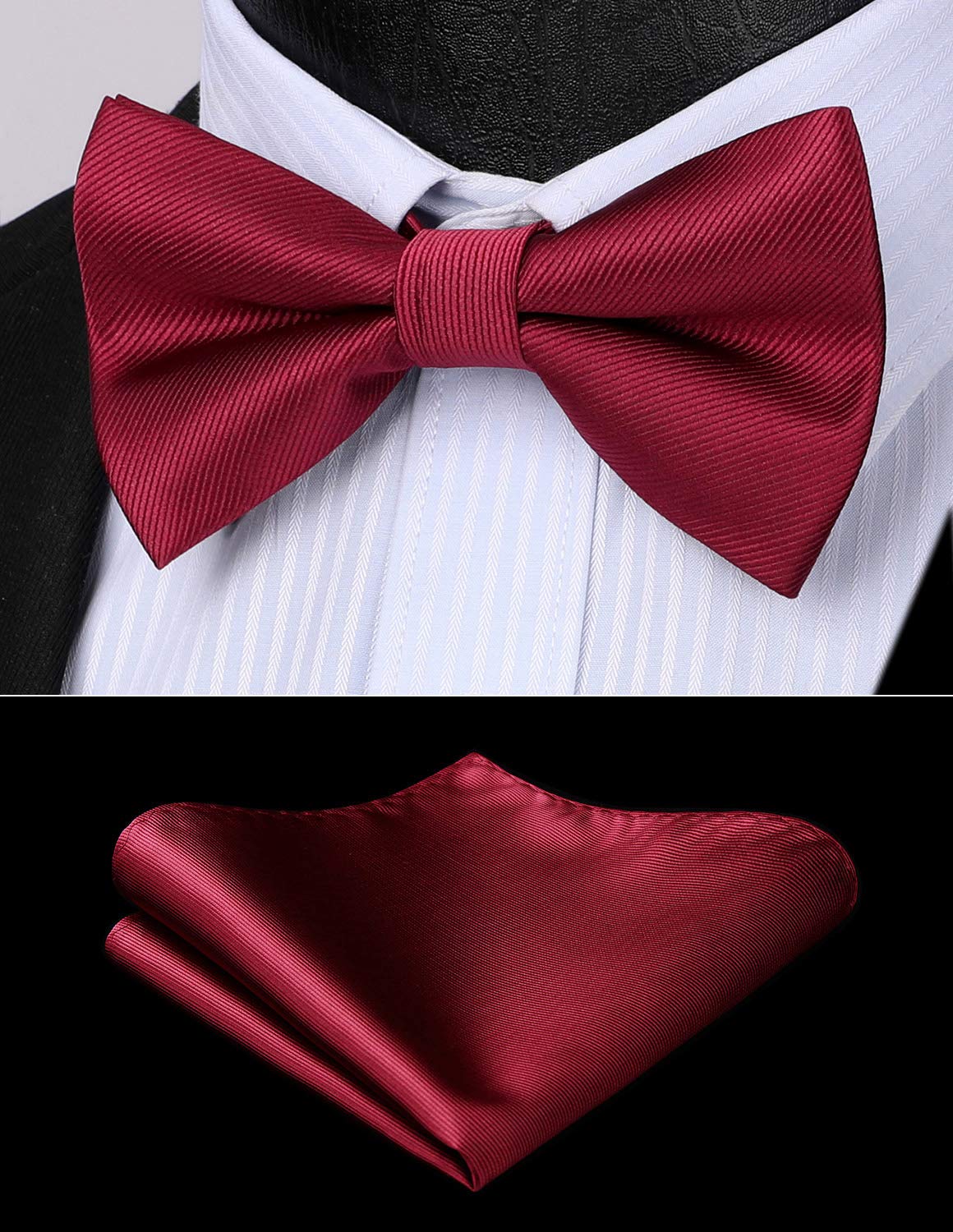 HISDERN Bow Ties for Men Burgundy Pre-Tie Bow Tie and Pocket Square Set Adjustable Solid Color Bow Tie Classic Men's Tuxedo Bowtie for Wedding Party