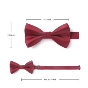 HISDERN Bow Ties for Men Burgundy Pre-Tie Bow Tie and Pocket Square Set Adjustable Solid Color Bow Tie Classic Men's Tuxedo Bowtie for Wedding Party