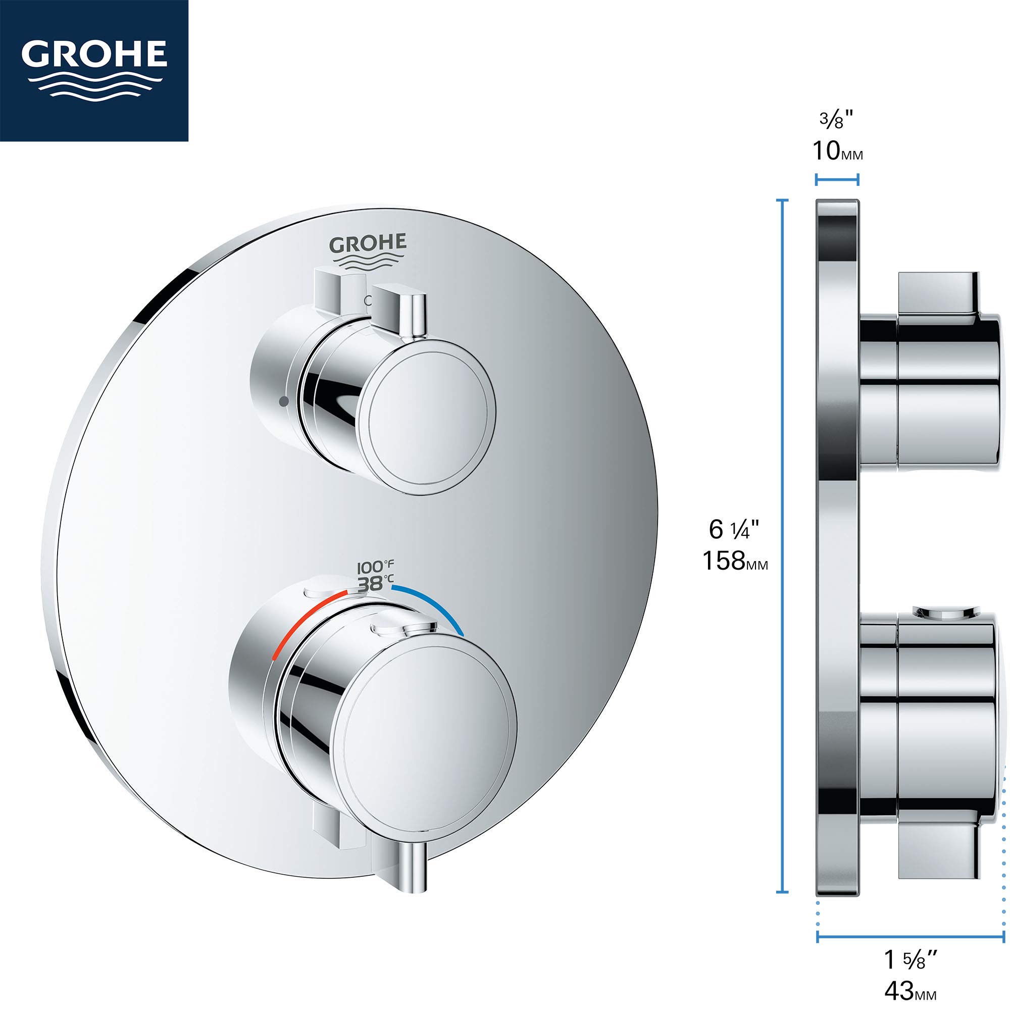 GROHE 24133000 Grohtherm Dual-Function 2-Handle Shower Thermostatic Valve Trim Kit, Starlight Chrome