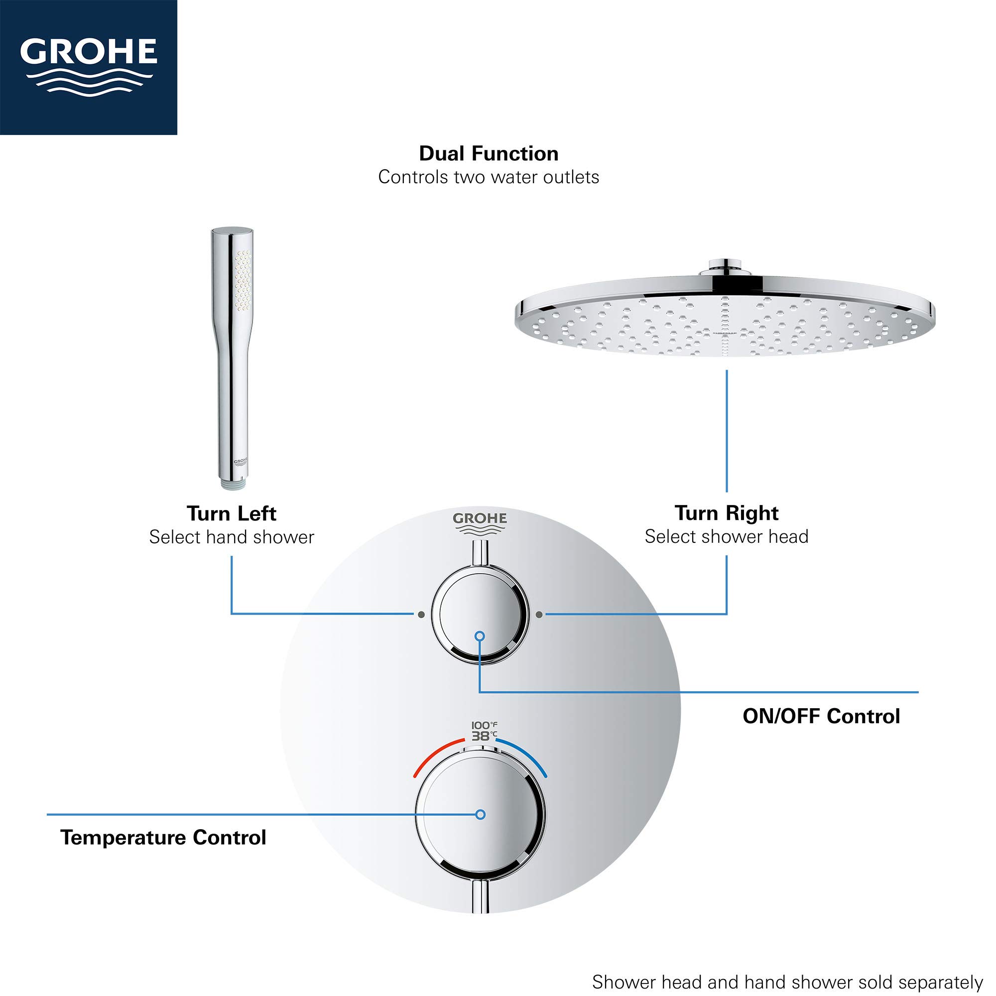 GROHE 24133000 Grohtherm Dual-Function 2-Handle Shower Thermostatic Valve Trim Kit, Starlight Chrome