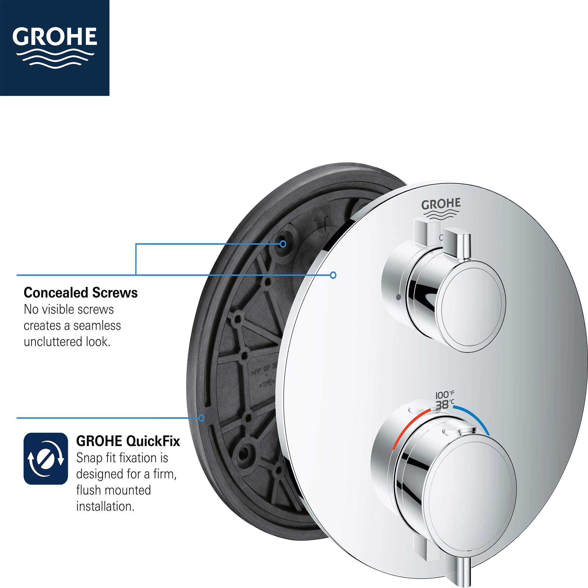 GROHE 24133000 Grohtherm Dual-Function 2-Handle Shower Thermostatic Valve Trim Kit, Starlight Chrome