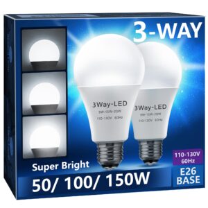 briignite 3 way led light bulbs 50-100-150w equivalent daylight white 5000k, 3-way a21 led light bulb e26 medium base, 600lm-1250lm-1850lm, perfect for table lamp, floor lamp, desk lamp, 2 pack