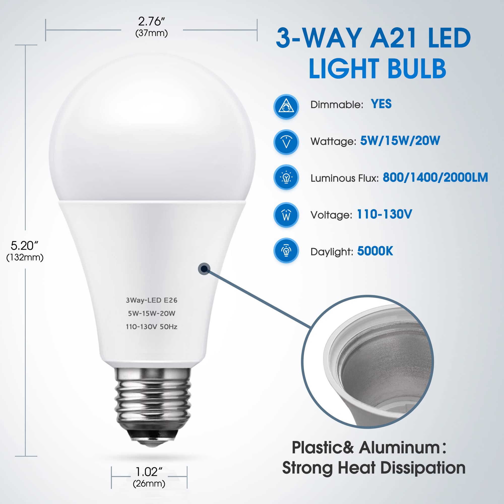 Briignite 3 Way LED Light Bulbs 50-100-150W Equivalent Daylight White 5000K, 3-Way A21 LED Light Bulb E26 Medium Base, 600LM-1250LM-1850LM, Perfect for Table Lamp, Floor Lamp, Desk Lamp, 2 Pack