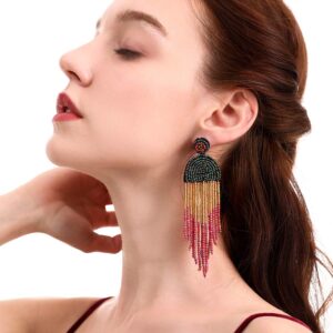 ALLEN DANMI Jewelry Dangle Earrings Ethnic Bohemia Style Handmade Colorized Seed Beads Waterfall Shape Statement Drop Earrings Shining Luxury Gift for Women. (Black)