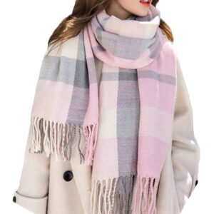 Wander Agio Women's Fashion Scarves Long Shawl Winter Thick Warm Knit Large Plaid Scarf Pink Grey 2