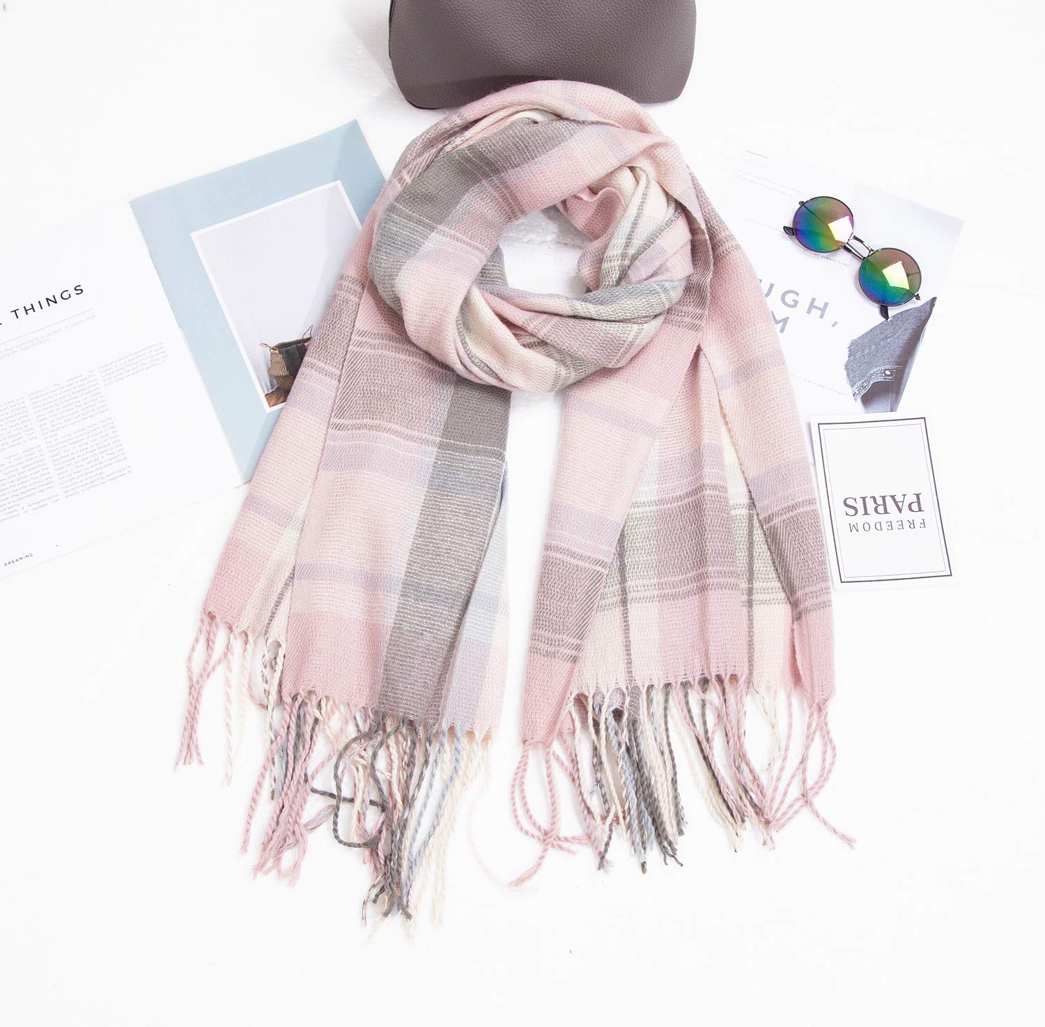 Wander Agio Women's Fashion Scarves Long Shawl Winter Thick Warm Knit Large Plaid Scarf Pink Grey 2