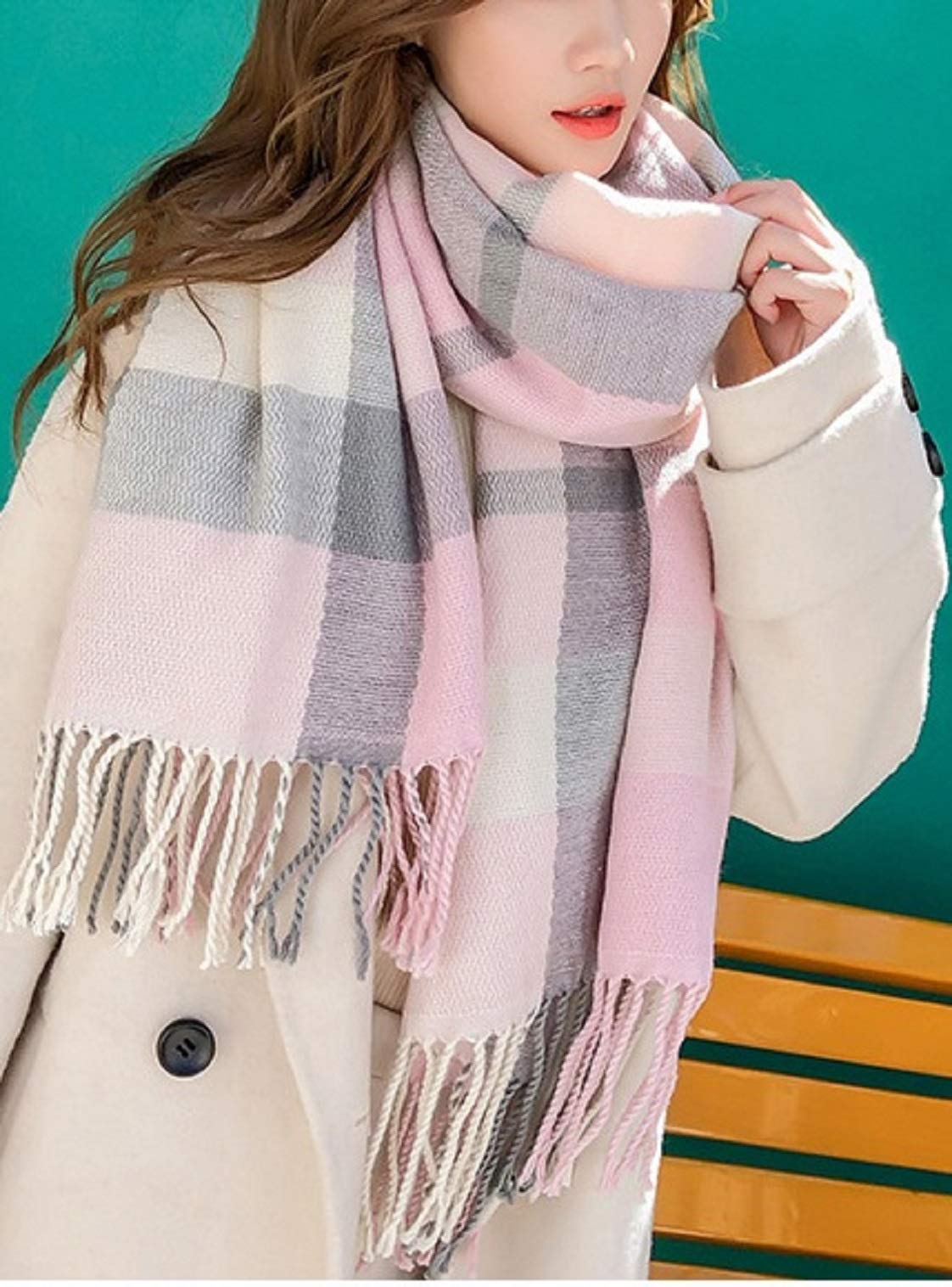 Wander Agio Women's Fashion Scarves Long Shawl Winter Thick Warm Knit Large Plaid Scarf Pink Grey 2