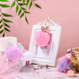 WILLBOND 3 Pieces Cute Animal Unicorn Pom Pom Keychain Faux Fluffy Key Ring for Women Girls (Fox Alpaca Unicorn Style)