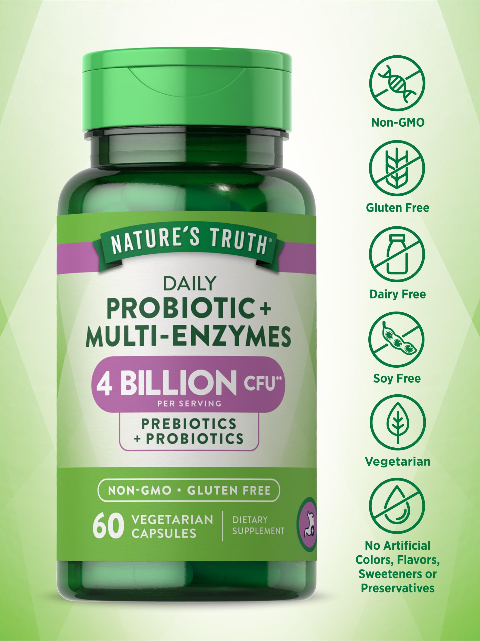 Nature's Truth Probiotics with Enzymes | 60 Capsules | Stomach Friendly for Men and Women | Non-GMO and Gluten Free Digestive Health Supplement